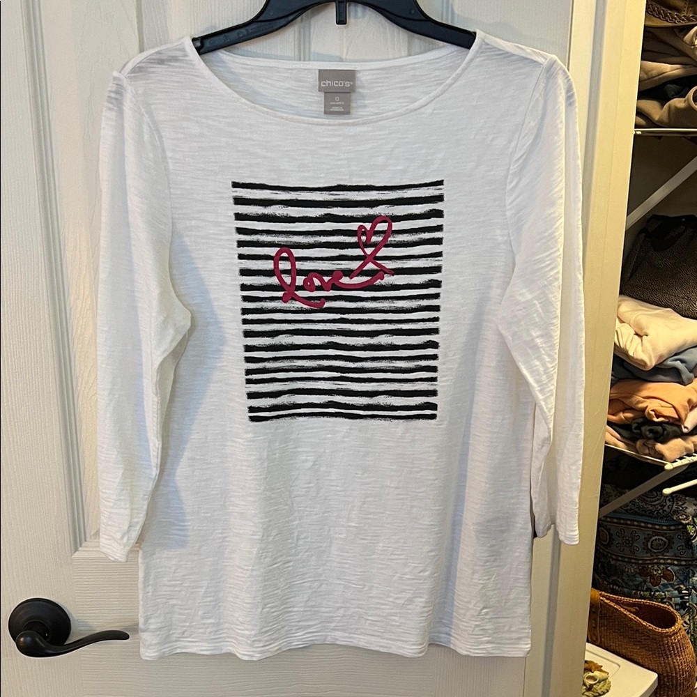 Chico's White 3/4 Sleeve Top with Black Stripes and Pink Detail; Size 0